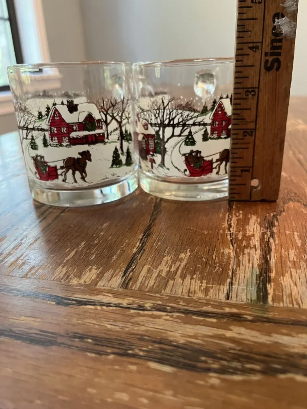 Vintage Libbey Christmas Mugs Snowy Winter Scene Clear Glass Set Of 2